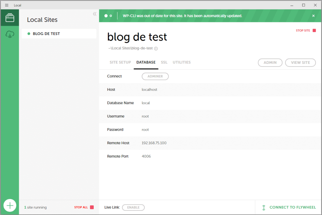 Onglet database (base de données)