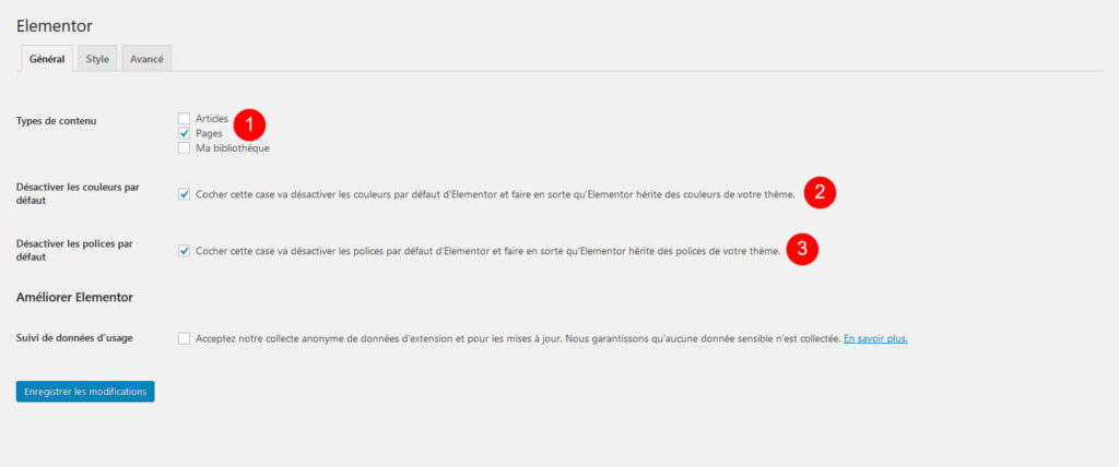 Réglages d'Elementor