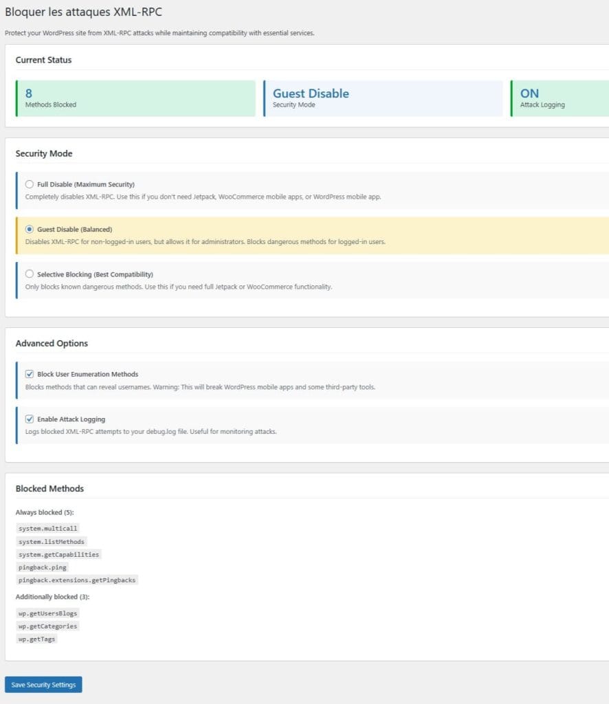 Page d'administration - Stop XML RPC Attacks
