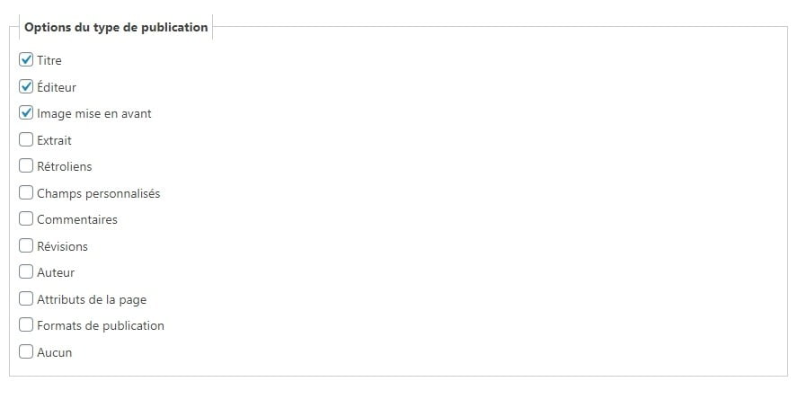 Options du Custom Post Type dans l'encart Réglages