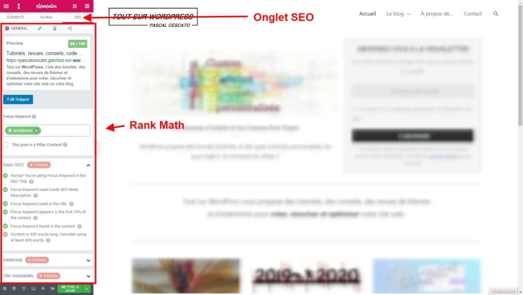 Panneau Rank Math sous Elementor