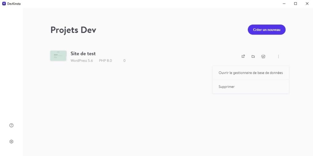 DevKinsta - écran de gestion des sites
