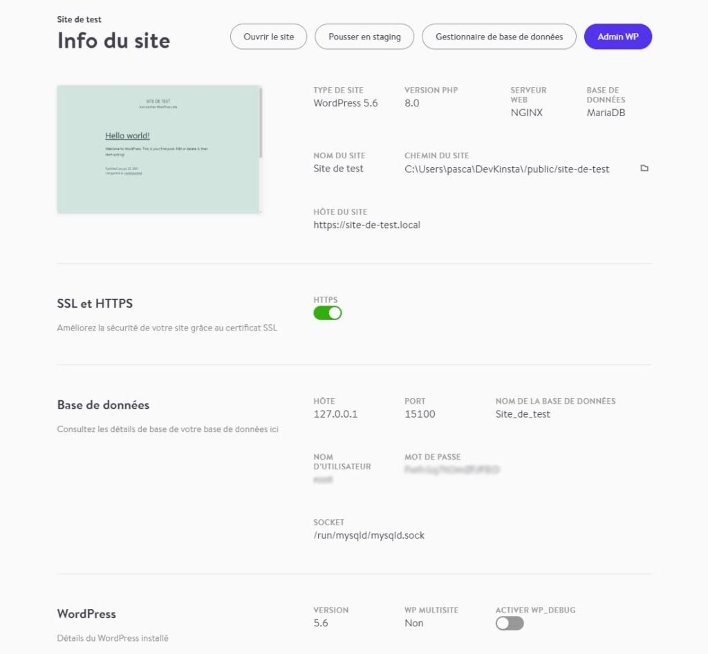 DevKinsta - détails pour un site