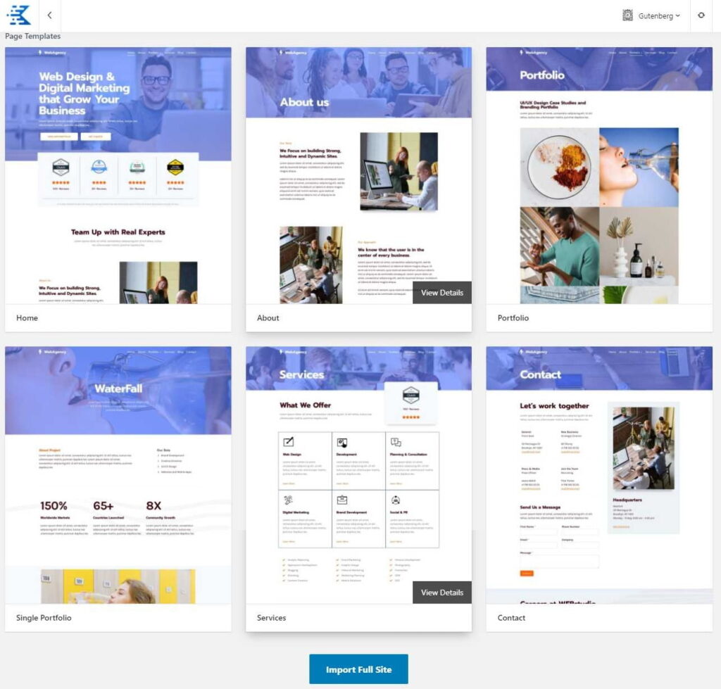 Pages d'un Starter template pour Kadence